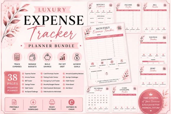 Download Luxury Expense Tracker Planner Pink - Premium Bundle